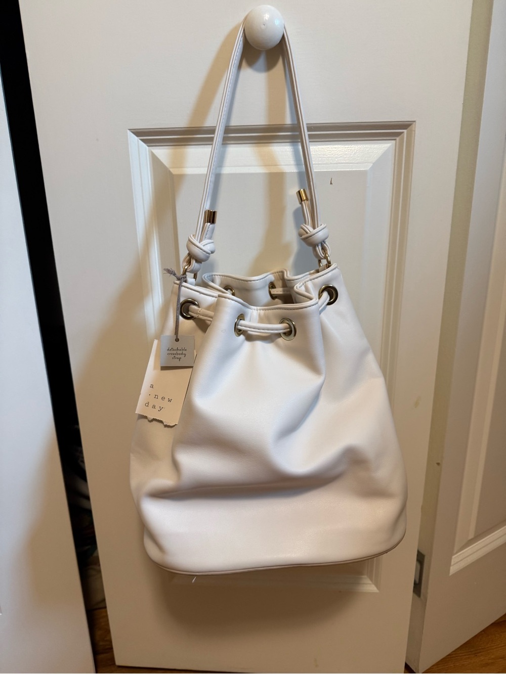 A New Day White Bucket Shoulder Bag with Drawstring